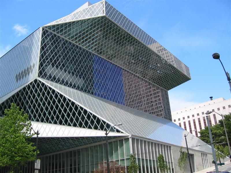 Seattle Central Library, with a glass and steel diamond grid wrapped around angular floors.